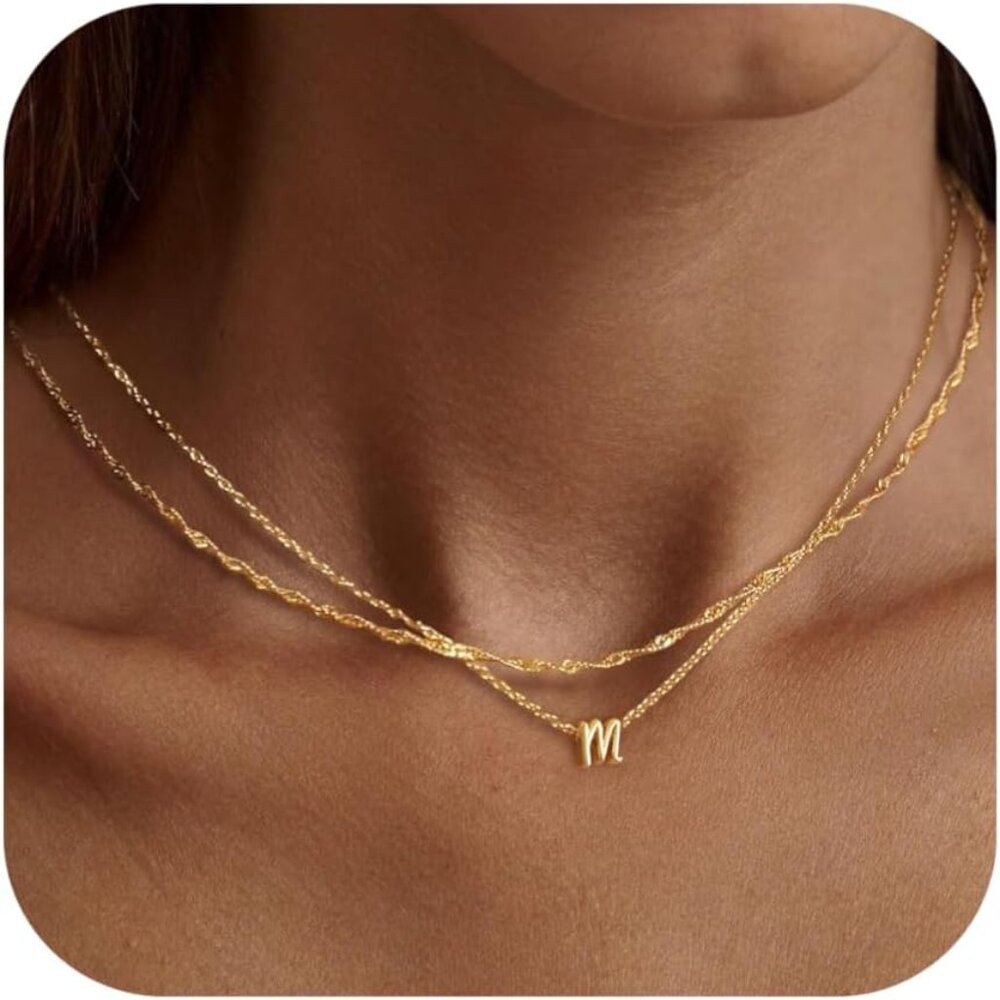 Layered Initial Pendant Necklace - Dainty 14k Gold Plated Jewelry Gift